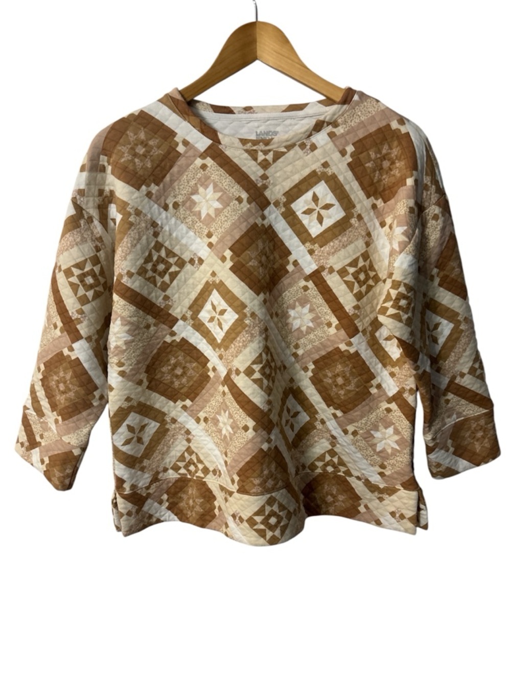 LANDS END khaki patchwork pattern quilted long sleeve sweater pullover
